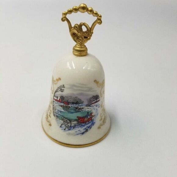 Currier Ives 1982 Porcelain Bell Norman Rockwell White 22 KT Gold Xmas Vintage - Picture 8 of 8